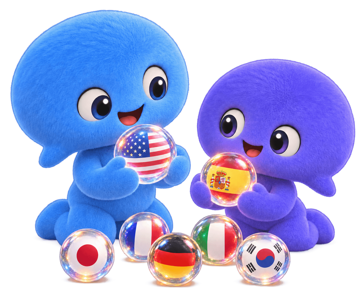 Two JustPhrase characters holding glass orbs with flags of different languages